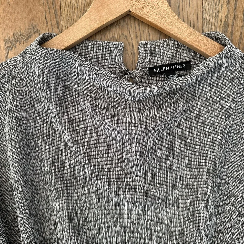 Eileen Fisher Woven Plissé Funnel Neck Full Length Dress in Grey Large